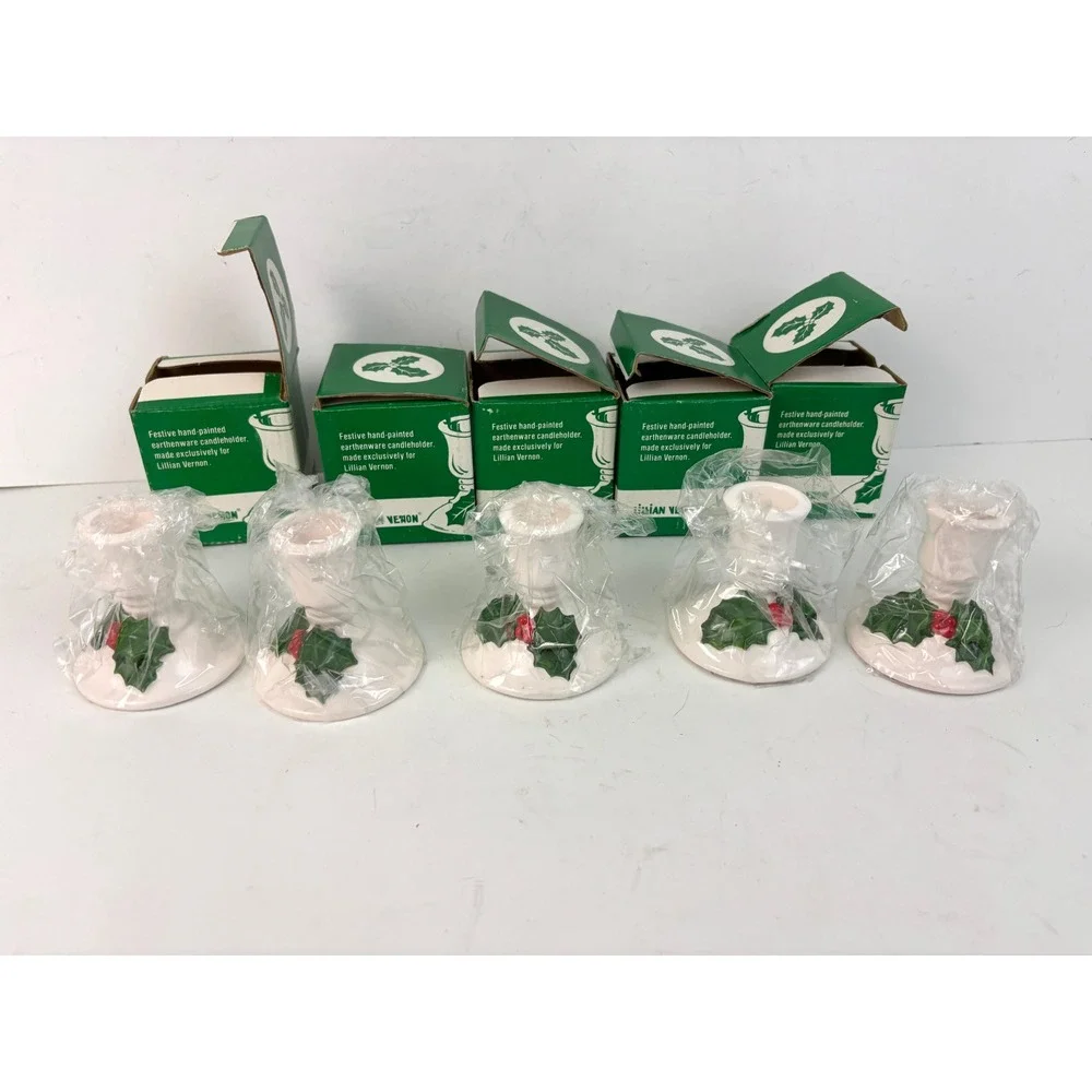Lillian Vernon Christmas Candle Holders Set 5 Holly Berry Earthenware Boxed